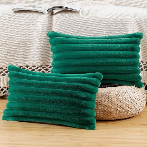 Eryi-Lot De 2 Housses De Coussin En Peluche En Fausse Fourrure Housse De Coussin Décorative Douce À Rayures Moelleuses Pour Coussin De Chambre À Coucher De Canapé Vert 30 X 50 Cm