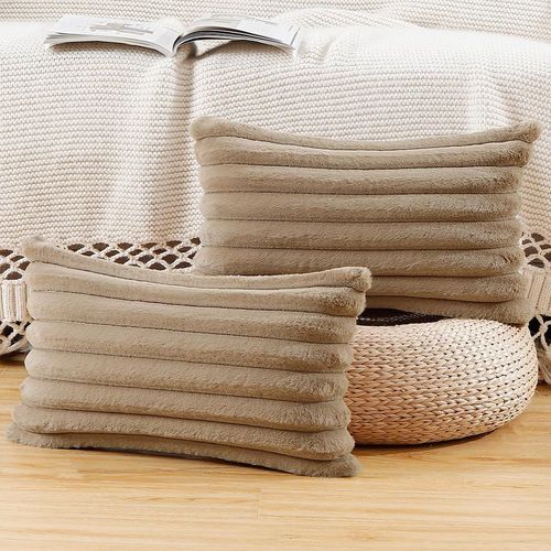 Eryi-Lot De 2 Housses De Coussin En Peluche En Fausse Fourrure Housse De Coussin Décorative Douce À Rayures Moelleuses Pour Coussin De Chambre À Coucher De Canapé Marron 30 X 50 Cm