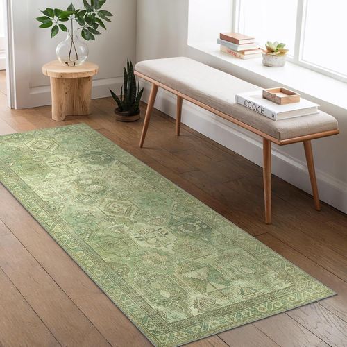 Eryi-Tapis Salon Vintage, Tapis Couloir, Tapis Chambre, Tapis Cuisine, Tapis Lavable En Machine, Grand Tapis Salon Antidérapant, Vert, 60x150cm