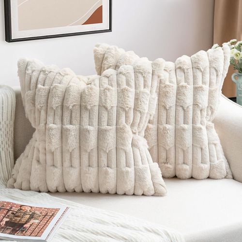 Eryi-Lot De 2 Housse Coussin Beige 45x45 Fausse Fourrure Coussin Canape Douce Moelleuse Housse De Coussin Moderne Décoration Pour Salon,Canapé,Chambre À Coucher, Décoration De Voiture