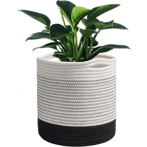 Eryi-Grand Pot De Fleurs Tressé, Cache Pot Plante Interieur, Panier À Plantes En Corde De Coton Pour Décoration Intérieure, Panier De Rangement Pour Jouets, Vêtements - Diamètre 25cm (Blanc+Noir)