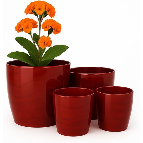 ERYI-Lot De 4 Pots De Fleurs D'Intérieur - Diamètre : 12/14/16/18 Cm - Pot De Fleurs En Plastique - Marbre Rouge - Pots De Fleurs Durables À L'Extérieur Avec Surface Brillante (Marbre Rouge)