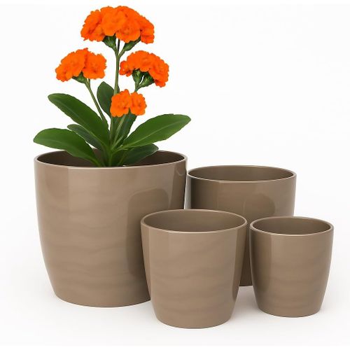ERYI-Lot De 4 Pots De Fleurs D'Intérieur - Diamètre : 12/14/16/18 Cm - Pot De Fleurs En Plastique Marbré Bronze - Pots De Fleurs Durables À L'Extérieur Avec Surface Brillante (Bronze Marbre)