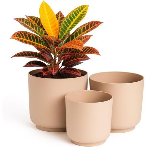 ERYI-Luna Lot De 3 Pots De Fleurs En Plastique Avec Surface Mate Pour Intérieur Et Extérieur Taupe Ø 13/15/17 Cm De Diamètre (Taupe)