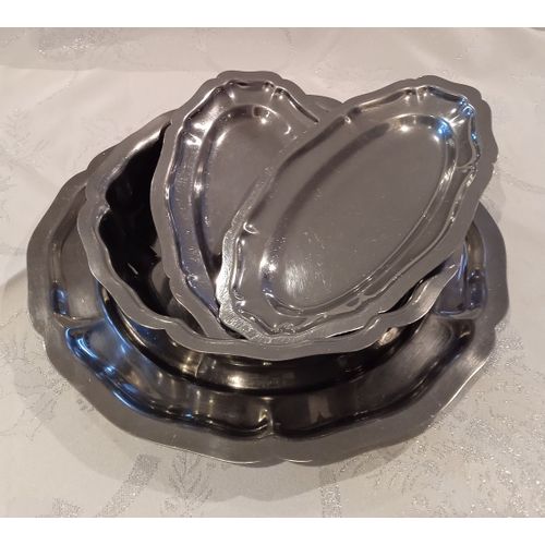 Lots 4 Plats De Service Inox, Plat Rond, Creux Et 2 Raviers Ovale Style Vintage