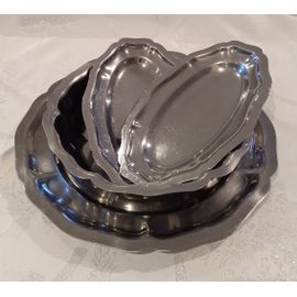 Lots 4 Plats De Service Inox, Plat Rond, Creux Et 2 Raviers Ovale Style Vintage