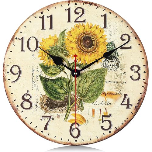 ERYI-30Cm Horloge Murale Tournesol Vintage Bois, Silencieuse Pendule Murale Floral Fleur Retro, Shabby Chic Rond Déco Sans Tic-Tac Pour Salon Chambre Cuisine Bureau