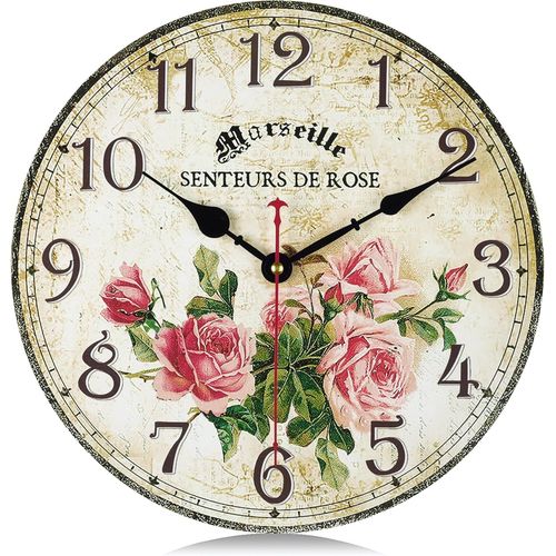 ERYI-30Cm Horloge Murale Rose Vintage Bois, Silencieuse Pendule Murale Floral Retro, Shabby Chic Rond Déco Sans Tic-Tac Pour Salon Chambre Cuisine Bureau