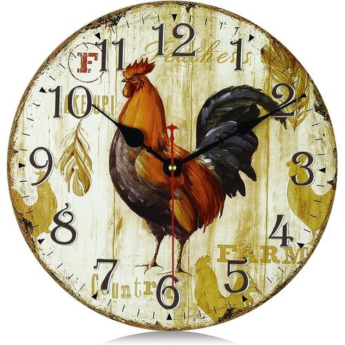 ERYI-30Cm Horloge Murale Coq Vintage Bois, Silencieuse Pendule Murale Retro, Shabby Chic Rond Déco Sans Tic-Tac Pour Salon Chambre Cuisine Bureau