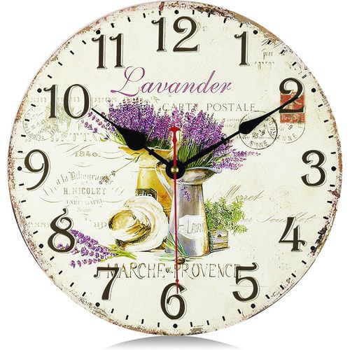 ERYI-30Cm Horloge Murale Lavande Vintage Bois, Silencieuse Pendule Murale Floral Retro, Shabby Chic Rond Déco Sans Tic-Tac Pour Salon Chambre Cuisine Bureau
