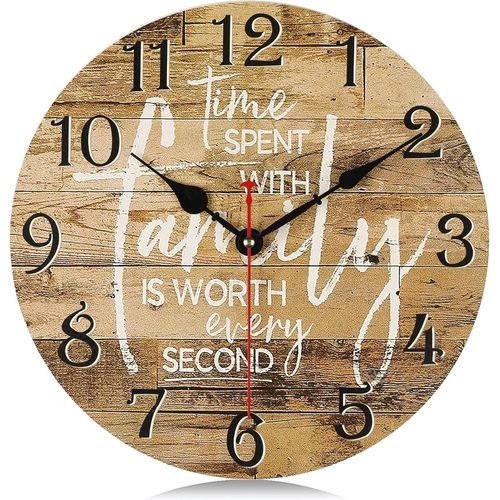 ERYI-30Cm Horloge Murale Famille Vintage Bois, Silencieuse Marron Pendule Murale Retro, Shabby Chic Rond Déco Sans Tic-Tac Pour Salon Chambre Cuisine Bureau