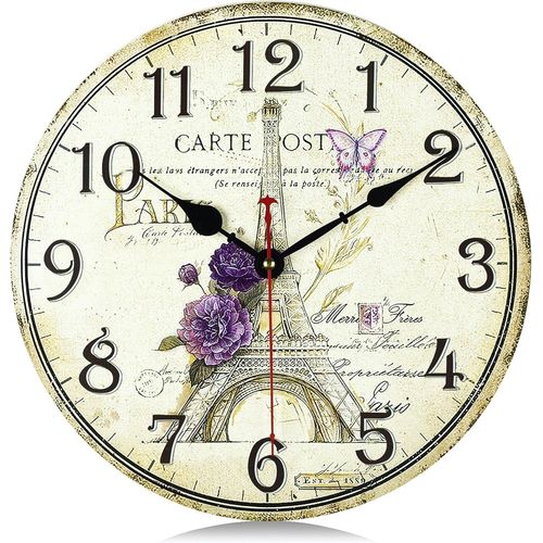 ERYI-30Cm Horloge Murale Tour Eiffel Vintage Bois, Silencieuse Pendule Murale Floral Retro, Shabby Chic Rond Déco Sans Tic-Tac Pour Salon Chambre Cuisine Bureau