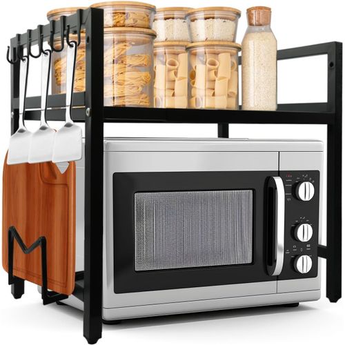 Eryi-Etagere Micro Onde, Support De Micro-Ondes Cuisine 2 Niveau Extensible Avec 6 Crochets, Réglable Meuble Micro Ondes Cuisine Rangement, Support D'étagère Cuisine, Extensible De 40 À 64 Cm