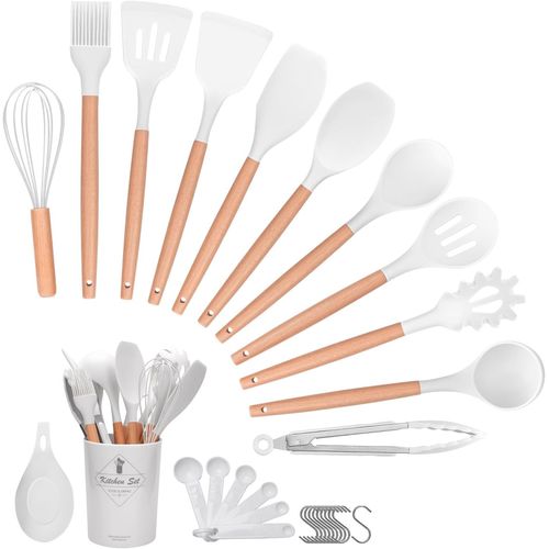 Eryi-29 Pièces Kit Ustensiles De Cuisine, Set De Couverts De Cuisine, Poignée En Bois, Résistant À La Chaleur, Sains Et Antiadhésifs, Passent Au Lave-Vaisselle, Sans Bpa (Blanc)