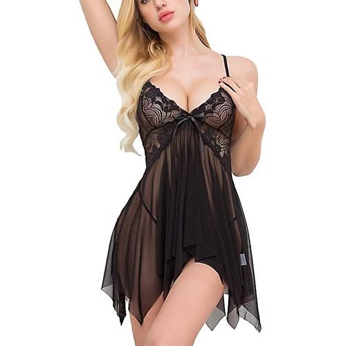 Femmes V¿ºtements De Nuit Avec Ouvert Devant Col En V Jupe Irr¿¿Guli¿¿Re Dentelle Sexy Xxl Noir
