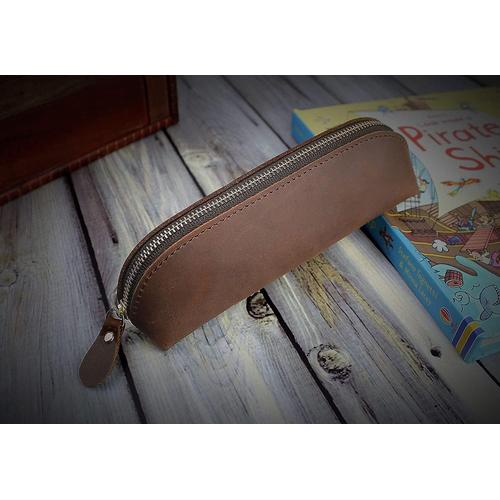 Trousse ¿¿ cosm¿¿tiques en cuir ¿¿ fermeture ¿¿clair pour stylos et crayons - Marron vintage