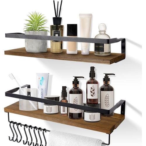Eryi-Etagere Murale Lot De 2, Etagères Murales Flottantes En Bois, Porte-Serviettes Et Crochets Amovible, Charge Maximale 15kg Pour Salon, Chambre, Bureau, Salle De Bain, Cuisine (Marron Foncé)