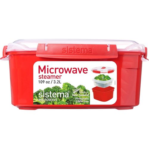 ERYI-Cuiseur Vapeur Micro-Ondes Avec Panier Vapeur | 3,2 L Grand Cuiseur Vapeur Aliments | Sans Bpa | Rouge/Transparent