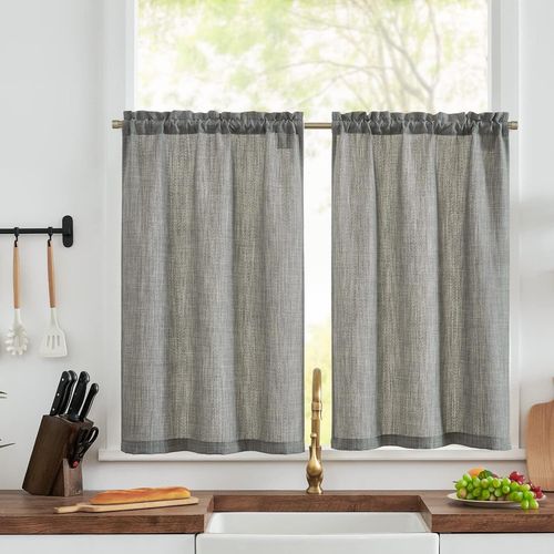 Eryi-Lot De 2 Rideau Lin Rideaux Cuisine 63 X 60 Cm (L X H) Gris Rideaux Texturés Semi-Transparent Filtrage La Lumière Rideau Fenêtre Brise-Bise Court Decoration Placard Salon Chambre