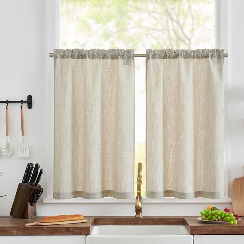 Eryi-Lot De 2 Rideaux Lin Cuisine 63 X 60 Cm (L X H) Beige Texturés Semi-Transparents - Filtrage De La Lumière, Brise-Bise Court Pour Fenêtre, Décoration Placard, Salon, Chambre