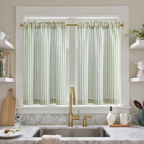 Eryi-Rideau Cuisine À Rayures 65l X 90h (Cm) Lot De 2 Rideau Lin Rayé Vert Et Beige Rideaux Translucide À Passe-Tringle Rideaux Fenetre Brise-Bise Court Décoration Intérieur Placard Chambre