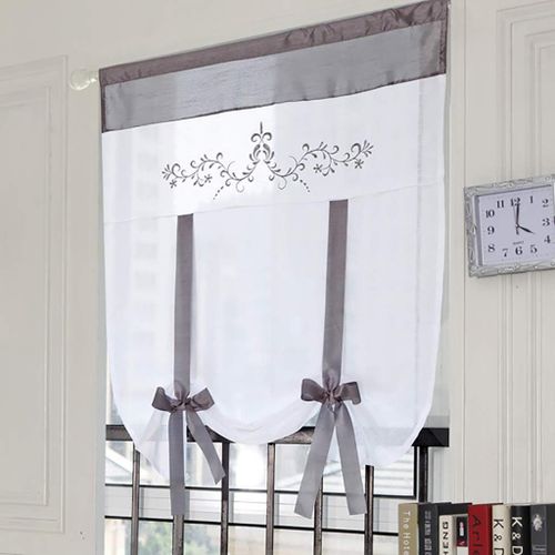 Eryi-1 Pièce Stores Romains Avec Broderie Voilage Tulle Voile Rideaux Lin De Coton Pour Chambre À Coucher, Cuisine, Salle De Bain, Salon, Balcon, Gris, 80x120cm