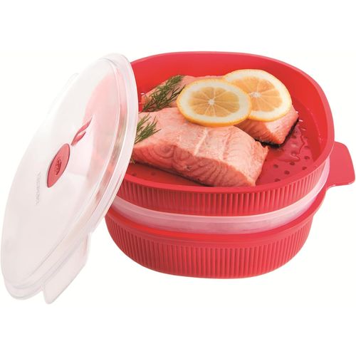ERYI-, Cuiseur Vapeur Pour Micro-Ondes 4 Litres, Cuiseur Vapeur Avec 2 Plateaux, Récipient Pour Micro-Ondes Rouge 26.5 X 22 X 13.5 Cm, Cuisson Rapide À La Vapeur, Made In Italy