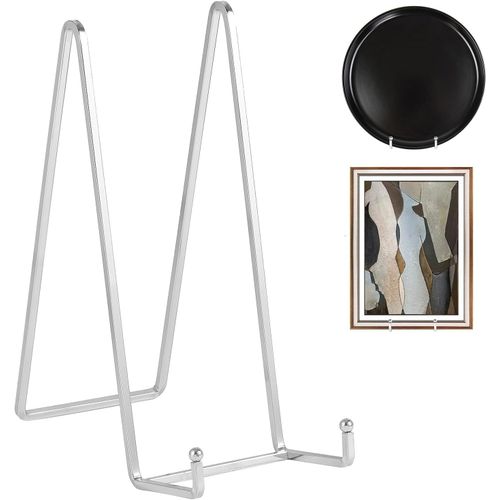 ERYI-Chevalet Support Presentoir Porte Assiette - Grand Support Assiette Decorative - Metal Support Cadre Photo De Table - Présentoir Pour Collection | Plaque | Livre Cuisine - Argent - 2 Pièces - 25