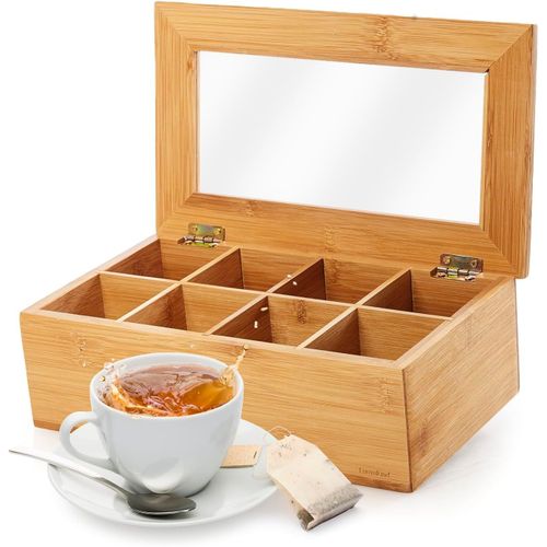 Eryi-Cuisine Boîte À Thé En Bambou Avec 8 Compartiments 26 X 16 X 9 Cm | Matériau Durable | Boîte De Rangement Pratique Pour Les Sachets De Thé | Décoratif & Noble