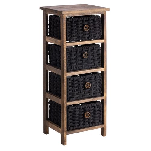 Chiffonnier Pluto Petite Commode De Nuit En Bois De Paulownia Brun Foncé, Avec 4 Paniers En Coton Tressé Noir