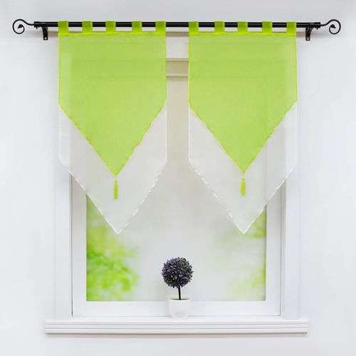 Eryi-Lydia Lot De 2 Voilages À Double Couche Transparent En Polyester À Passants Avec Frange À Pompon Décoration De Fenêtre Pour Cuisine Salon Vert/Blanc Lxh 45x90cm