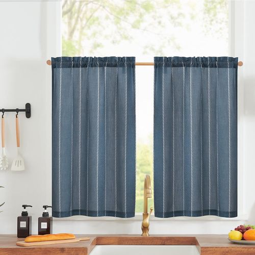 Eryi-Lot De 2 Rideaux Brise-Bise Nautiques - Aspect Lin À Rayures - Rideaux Courts - Modernes - Style Bohème - Filtration De La Lumière - Pour Salon, Salle De Bain - 65 X 90 Cm (L X H) - Bleu