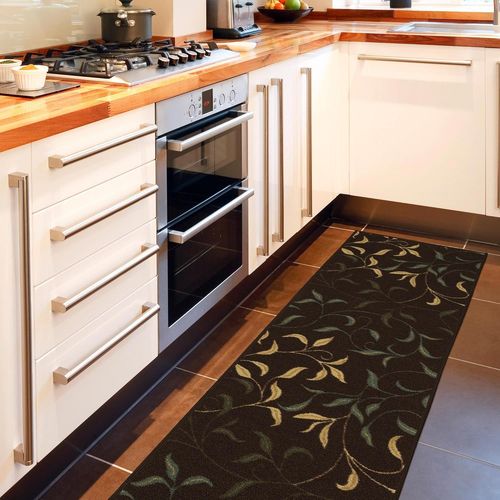 Eryi-Tapis De Couloir Collection Ottohome Dos En Caoutchouc Motif Feuilles Style Contemporain 57 Cm X 210 Cm Marron