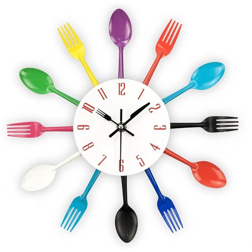 ERYI-Horloge De Cuisine Effet Miroir Avec Cuillère, Fourchette, Autocollant Amovible En 3D Pour La Décoration De La Maison 32*32*4Cm Coloré