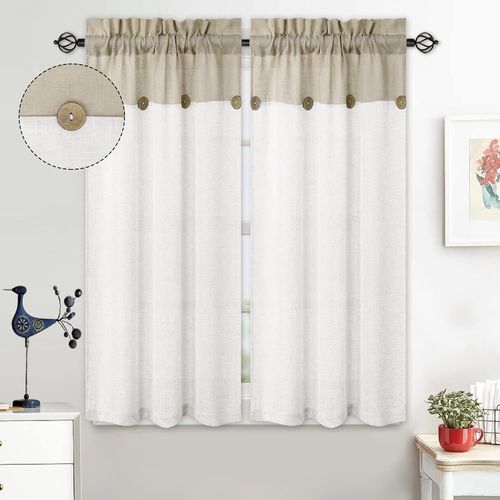ERYI-Lot De 2 Rideaux Brise-Bise Patchwork - Avec Boutons Décoratifs - Aspect Lin - 2 X 69 Cm X 114 Cm - Beige