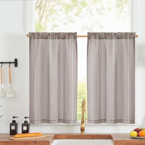 Eryi-Lot De 2 Rideaux Brise-Bise Nautiques - Aspect Lin À Rayures - Rideaux Courts - Modernes - Style Bohème - Filtration De La Lumière - Pour Salon, Salle De Bain - 65 X 60 Cm (L X H) - Gris