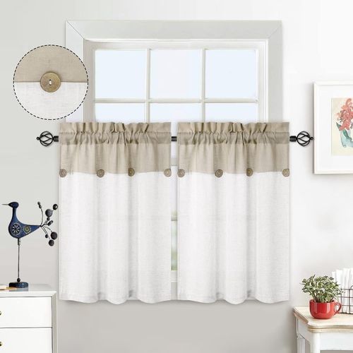 Eryi-Lot De 2 Rideaux Brise-Bise En Patchwork Avec Boutons Décoratifs - Demi-Rideaux Courts - Aspect Lin - 2 X L 69 X H 61 Cm - Beige