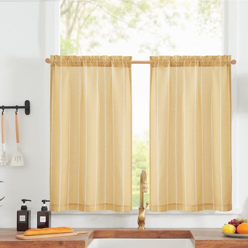 Eryi-Lot De 2 Rideaux Brise-Bise Nautiques - Aspect Lin À Rayures - Rideaux Courts - Modernes - Style Bohème - Filtration De La Lumière - Pour Salon, Salle De Bain - 65 X 60 Cm (L X H) - Jaune