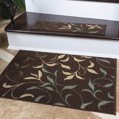Eryi-Tapis Décoratif Collection Ottohome Dos En Caoutchouc Motif Feuilles Style Contemporain 67 Cm X 90 Cm Marron