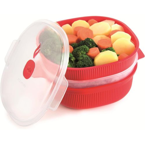 ERYI-, Cuiseur Vapeur Pour Micro-Ondes 4 Litres, Cuiseur Vapeur Avec 2 Plateaux, Récipient Pour Micro-Ondes Rouge 26.5 X 22 X 13.5 Cm, Cuisson Rapide À La Vapeur, Made In Italy