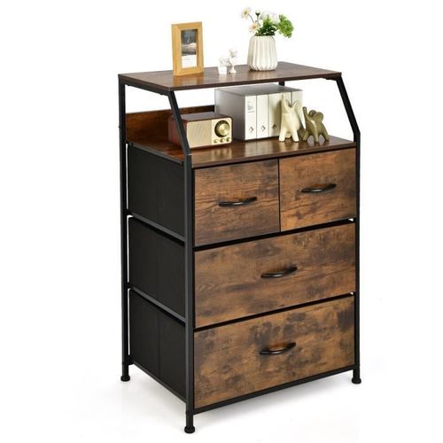 Costway Commode Avec 4 Tiroirs Amovibles En Tissu, Style Industriel, Meuble De Rangement Avec Étagère Supérieure Et Pieds Réglables