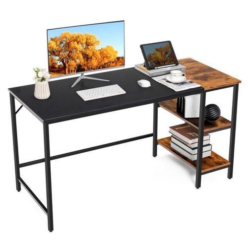 Costway Grand Bureau D'ordinateur Industriel, 140 X 60 X 74 Cm, Avec Étagères De Rangement, Cadre En Acier, Panneau D'épissure