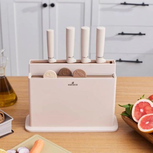 Eryi-Chef's Harmony Ensemble De Couteaux Et Planche À Découper En Plastique, 5 Couteaux De Cuisine Tranchants Et 4 Planches À Petit-Déjeuner Hygiéniques Avec Support Élégant, Idéal Pour Les Légumes,