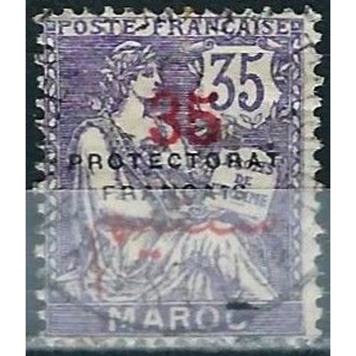 Maroc 1914 / 1921, Beau Timbre Yvert 47, Type Mouchon 35c. Violet Avec Double Surcharge, "Protectorat Français" Et "35", Oblitéré, Tbe.