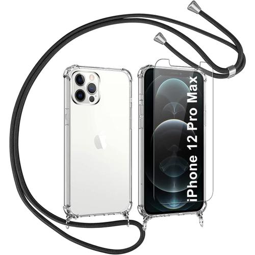 Coque Avec Corde Pour Iphone 12 Pro Max Coque Transparente Et Protecteur D'écran Coque En Silicone Souple Pendentif Réglable Sangle Cordon Pour Apple Iphone 12 Promax 6.7 Noir