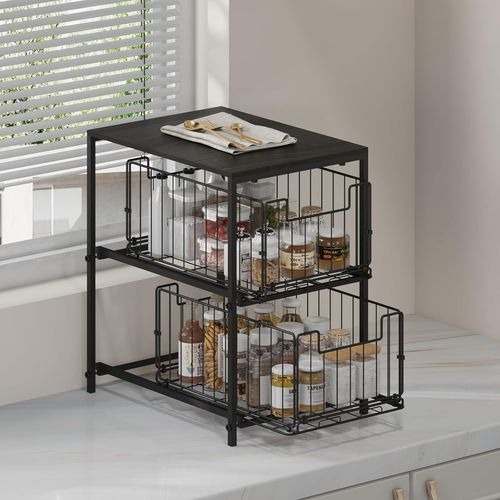 Eryi-Étagère À Épices - Étagère De Rangement De Cuisine -Organisateur De Cuisine,2 Niveaux Tiroir Coulissant,Stockage De Bureau,Pour Cuisine,Salon (Noir Boisé)