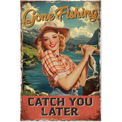 ERYI-Plaque En Métal Représentant Une Femme Pêcheuse 8X12Pouces Peinture Rétro En Étain Panneau Mural Vintage Personnage Pour Maison Cabane De Pêche Bureau Café Garage