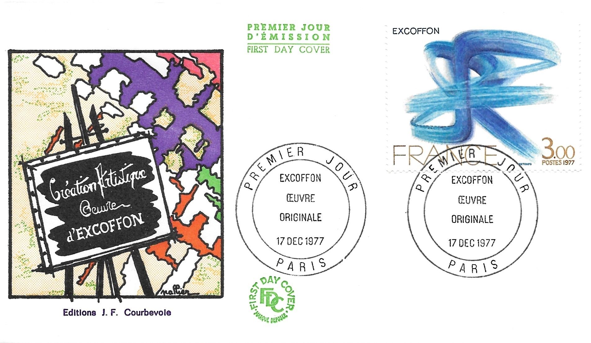 France 1977, Très Belle Enveloppe 1er Jour État Neuf, Timbre Yvert 1951, Oeuvre Originale D'Excoffon, Belle Illustration Couleur Relief, Cachet De Paris.