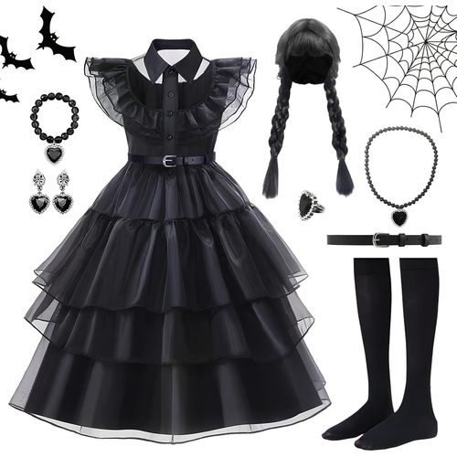 Ehnga-Robe Noire Halloween Pour Fille, 8 Pièces Costume Enfant, Déguisement Mercredi Addams,Gothique Lolita, Âge 7 À 8 Ans,130 Cm,140cm