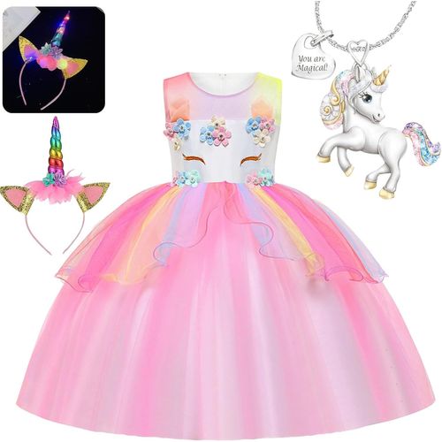 EHNGA-Robe Licorne Enfant de Princesse, Princesse Robe et Accessoires, Déguisement de Licorne pour filles, Déguisement de Licorne pour Fête, Anniversaire, Carnaval et Cosplay